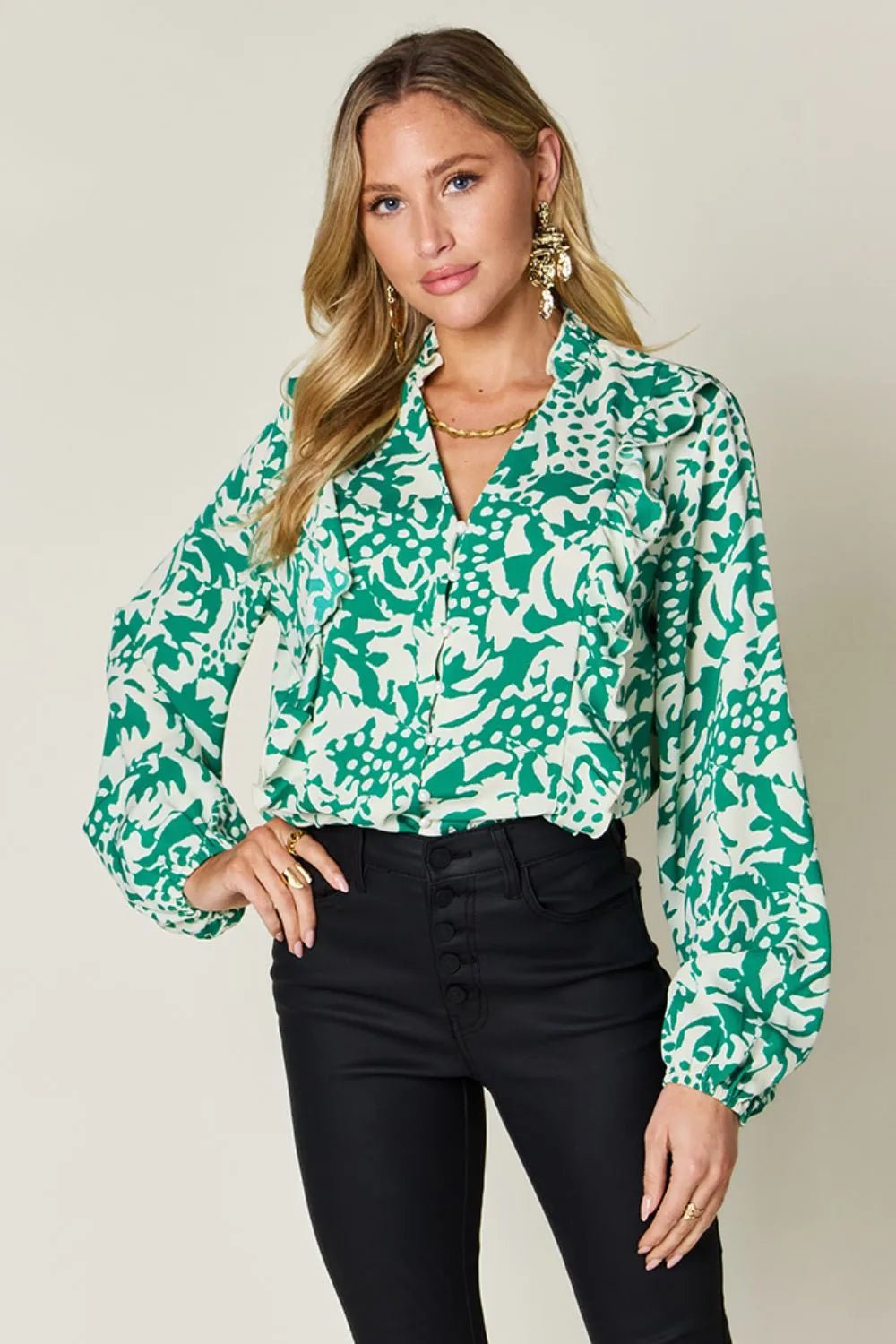 Double Take Full Size Printed Ruffle Trim Balloon Sleeve Shirt - Desert Sunday