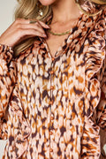 Double Take Full Size Printed Ruffle Trim Balloon Sleeve Shirt - Desert Sunday