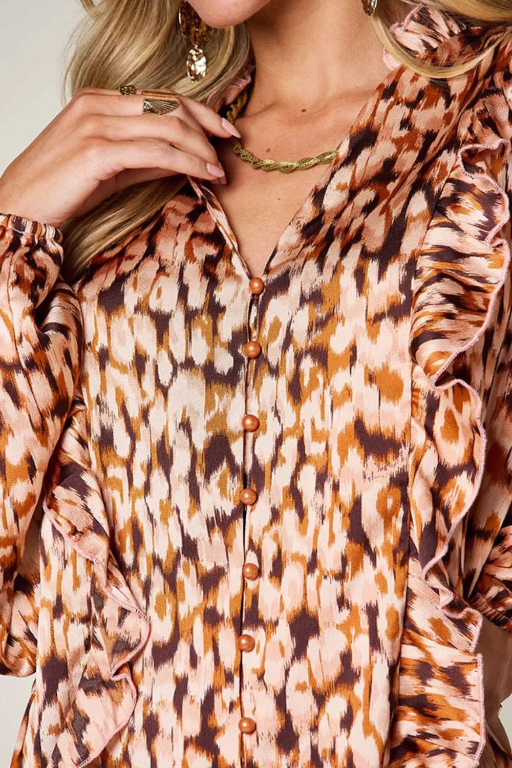 Double Take Full Size Printed Ruffle Trim Balloon Sleeve Shirt - Desert Sunday
