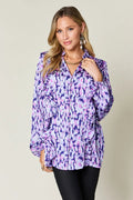Double Take Full Size Printed Ruffle Trim Balloon Sleeve Shirt - Desert Sunday