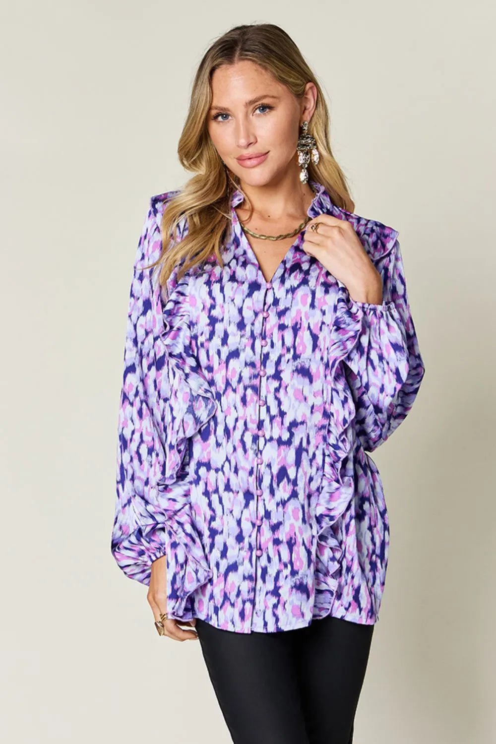 Double Take Full Size Printed Ruffle Trim Balloon Sleeve Shirt - Desert Sunday