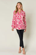 Double Take Full Size Printed Ruffle Trim Balloon Sleeve Shirt - Desert Sunday