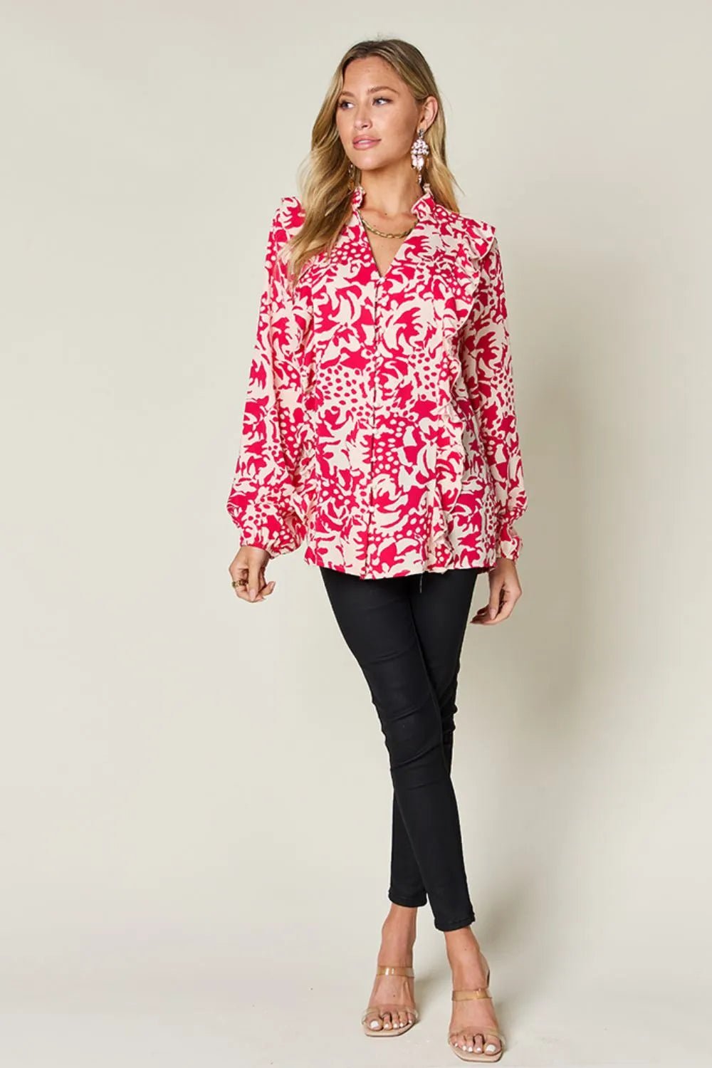 Double Take Full Size Printed Ruffle Trim Balloon Sleeve Shirt - Desert Sunday