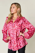 Double Take Full Size Printed Ruffle Trim Balloon Sleeve Shirt - Desert Sunday