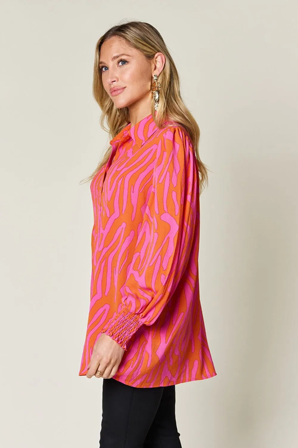 Double Take Full Size Printed Smocked Long Sleeve Blouse Plus Size - Desert Sunday