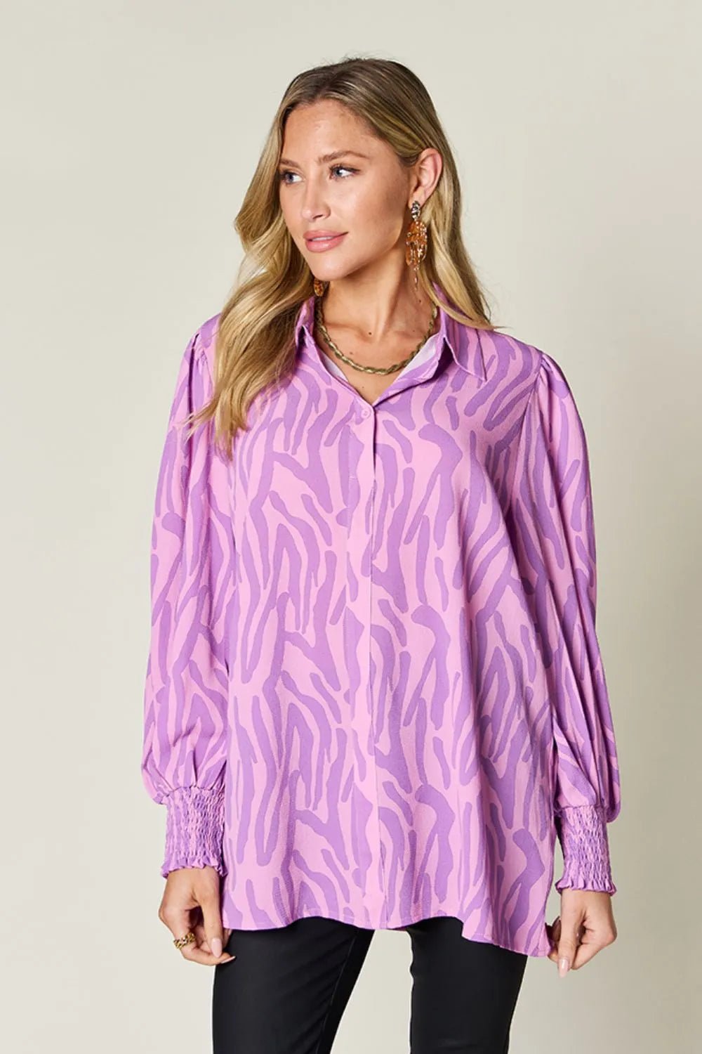 Double Take Full Size Printed Smocked Long Sleeve Blouse Plus Size - Desert Sunday