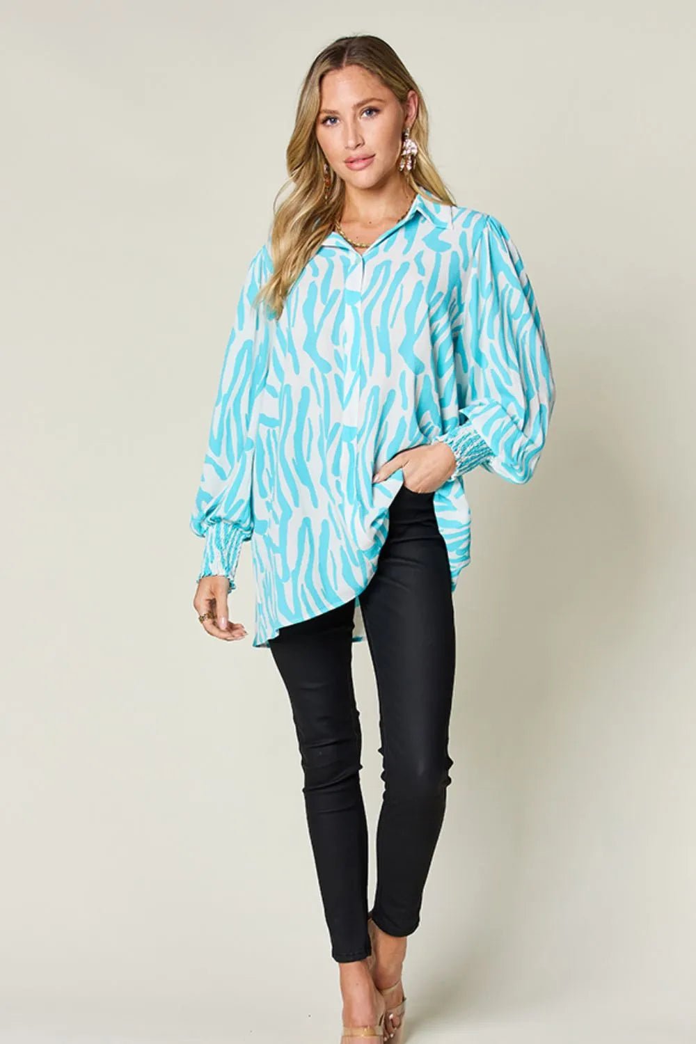 Double Take Full Size Printed Smocked Long Sleeve Blouse Plus Size - Desert Sunday