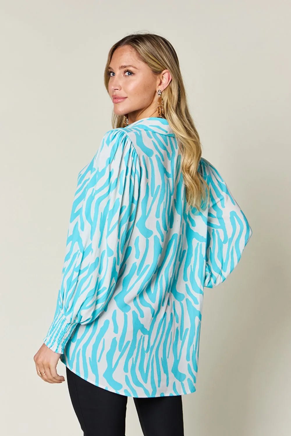 Double Take Full Size Printed Smocked Long Sleeve Blouse Plus Size - Desert Sunday