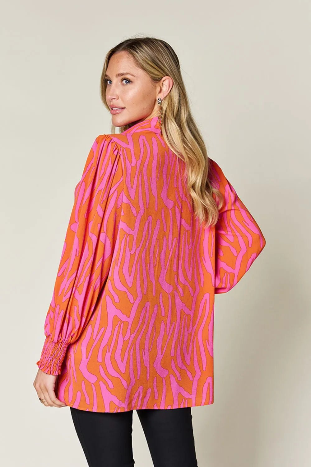 Double Take Full Size Printed Smocked Long Sleeve Blouse Plus Size - Desert Sunday