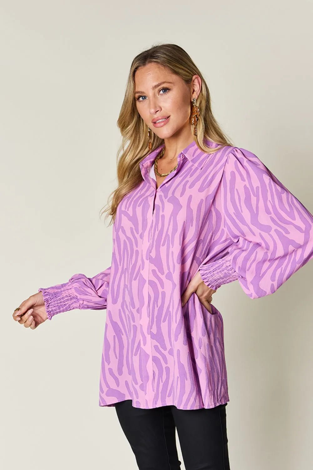 Double Take Full Size Printed Smocked Long Sleeve Blouse Plus Size - Desert Sunday