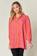 Double Take Full Size Printed Smocked Long Sleeve Blouse Plus Size - Desert Sunday