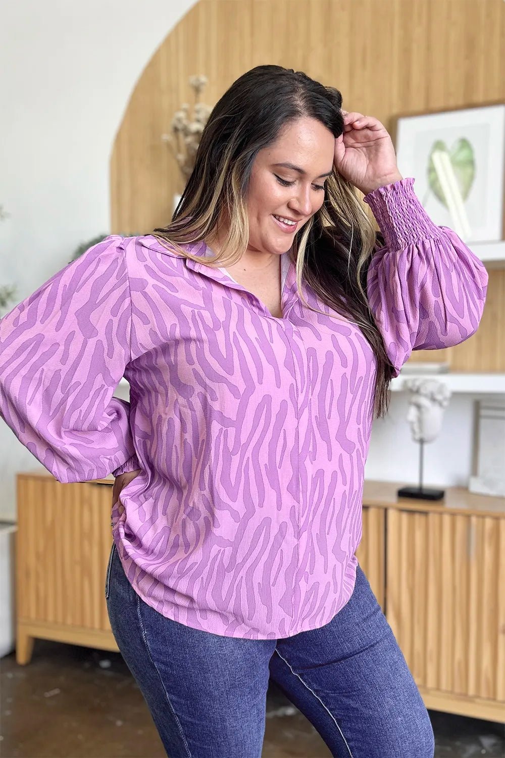 Double Take Full Size Printed Smocked Long Sleeve Blouse Plus Size - Desert Sunday