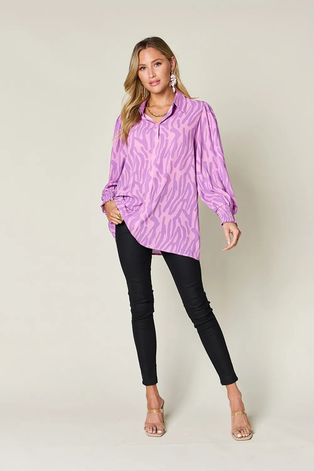 Double Take Full Size Printed Smocked Long Sleeve Blouse Plus Size - Desert Sunday