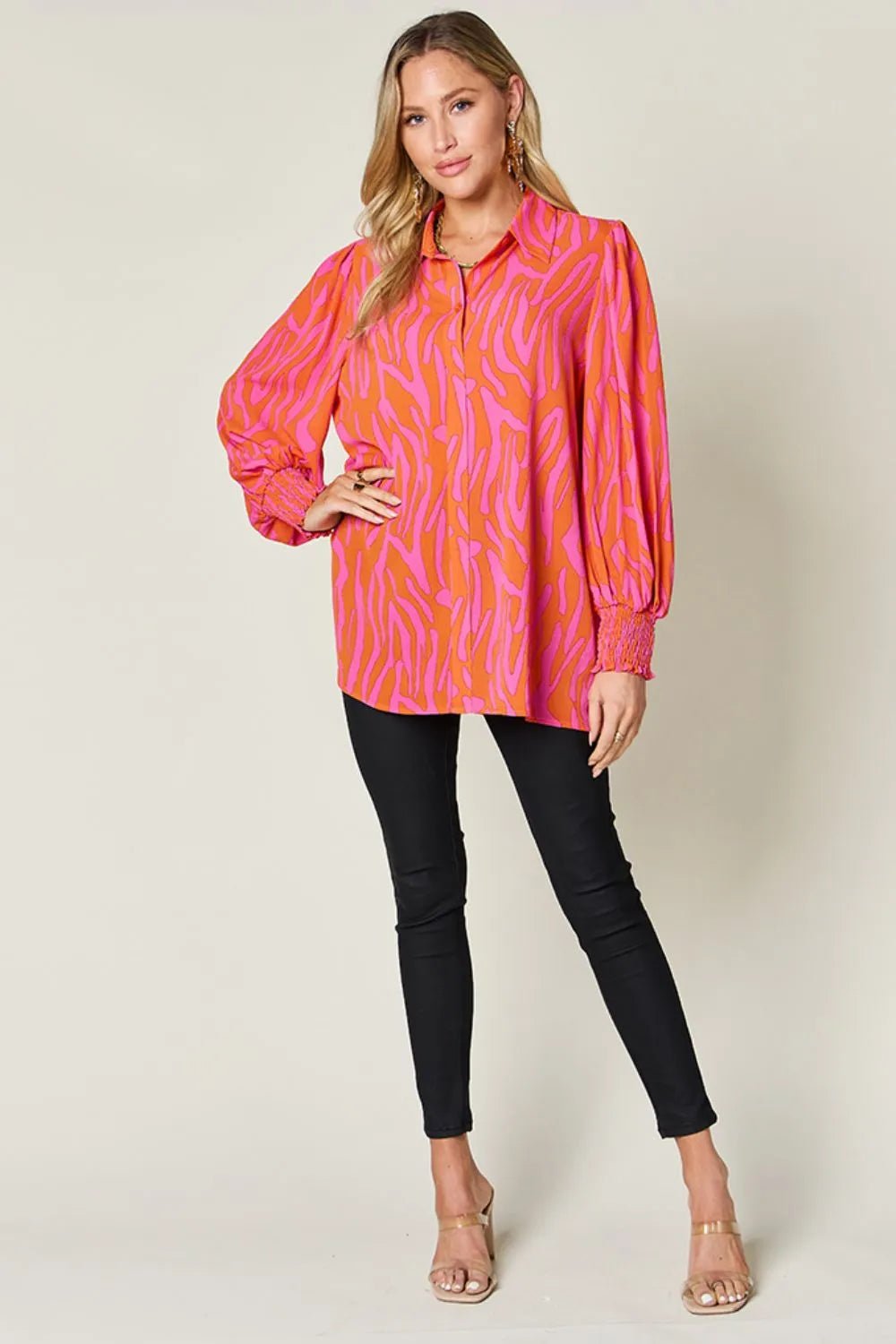 Double Take Full Size Printed Smocked Long Sleeve Blouse Plus Size - Desert Sunday