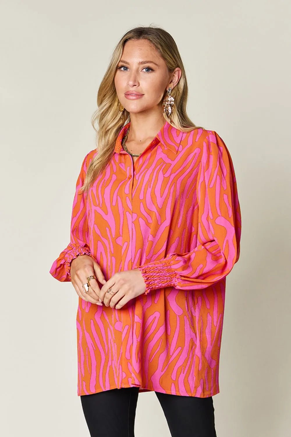 Double Take Full Size Printed Smocked Long Sleeve Blouse Plus Size - Desert Sunday