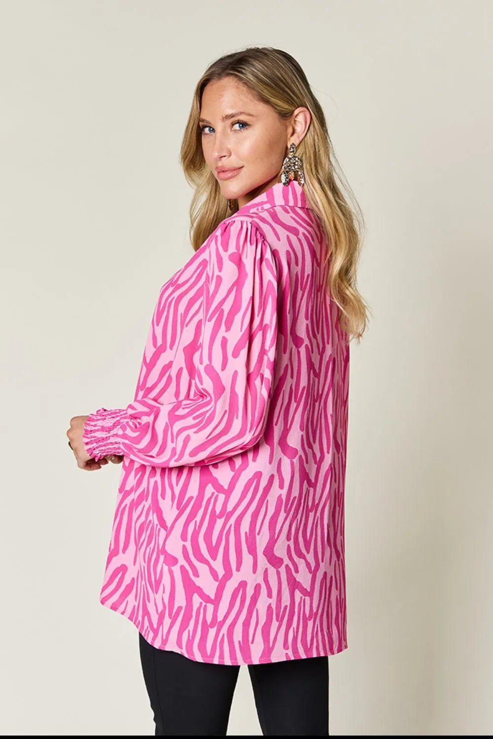 Double Take Full Size Printed Smocked Long Sleeve Blouse Plus Size - Desert Sunday
