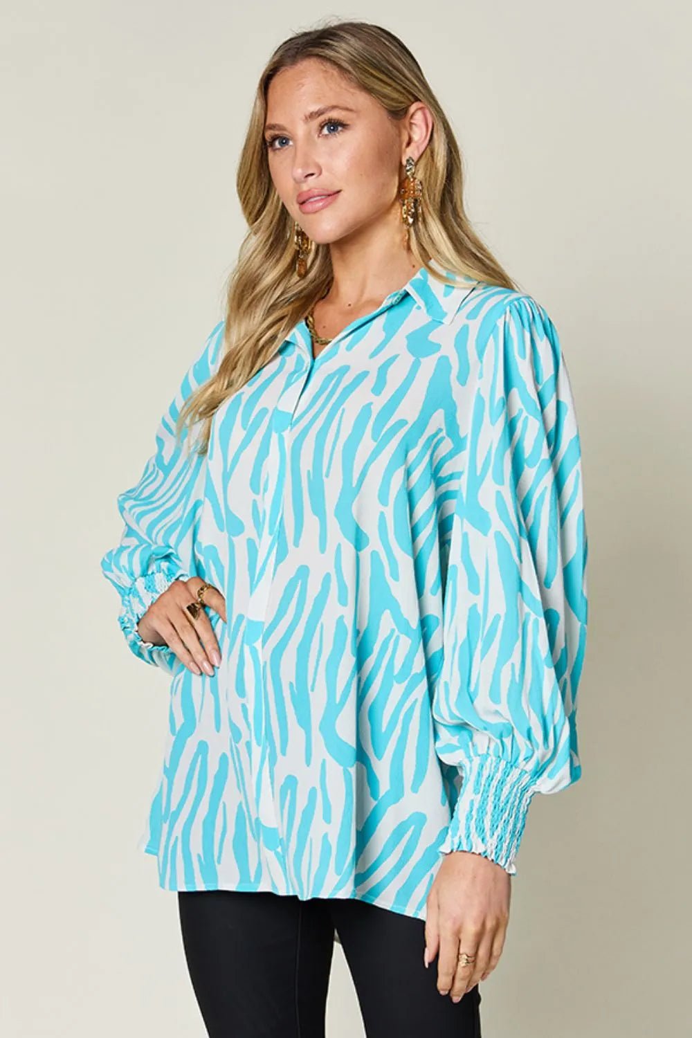Double Take Full Size Printed Smocked Long Sleeve Blouse Plus Size - Desert Sunday