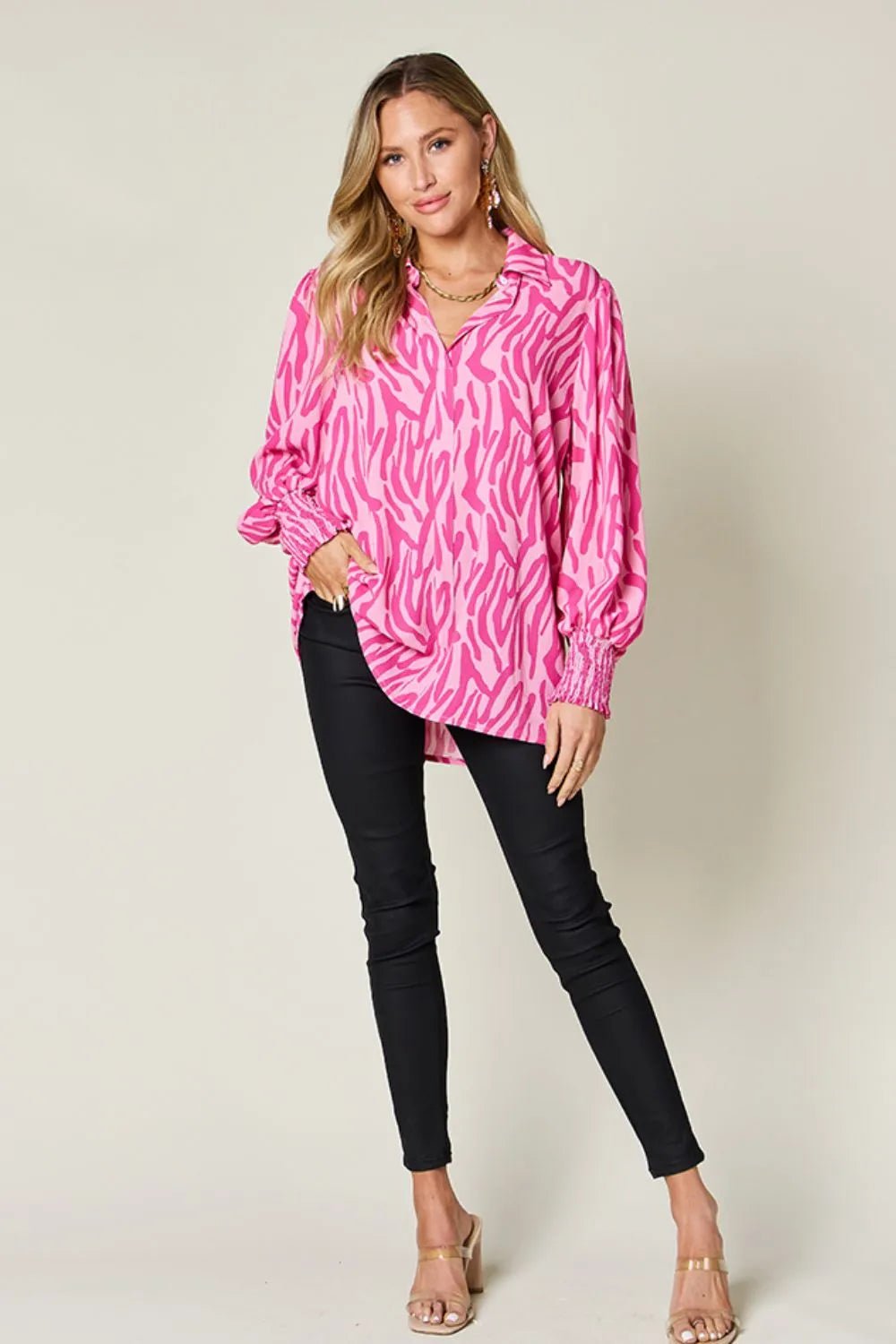 Double Take Full Size Printed Smocked Long Sleeve Blouse Plus Size - Desert Sunday