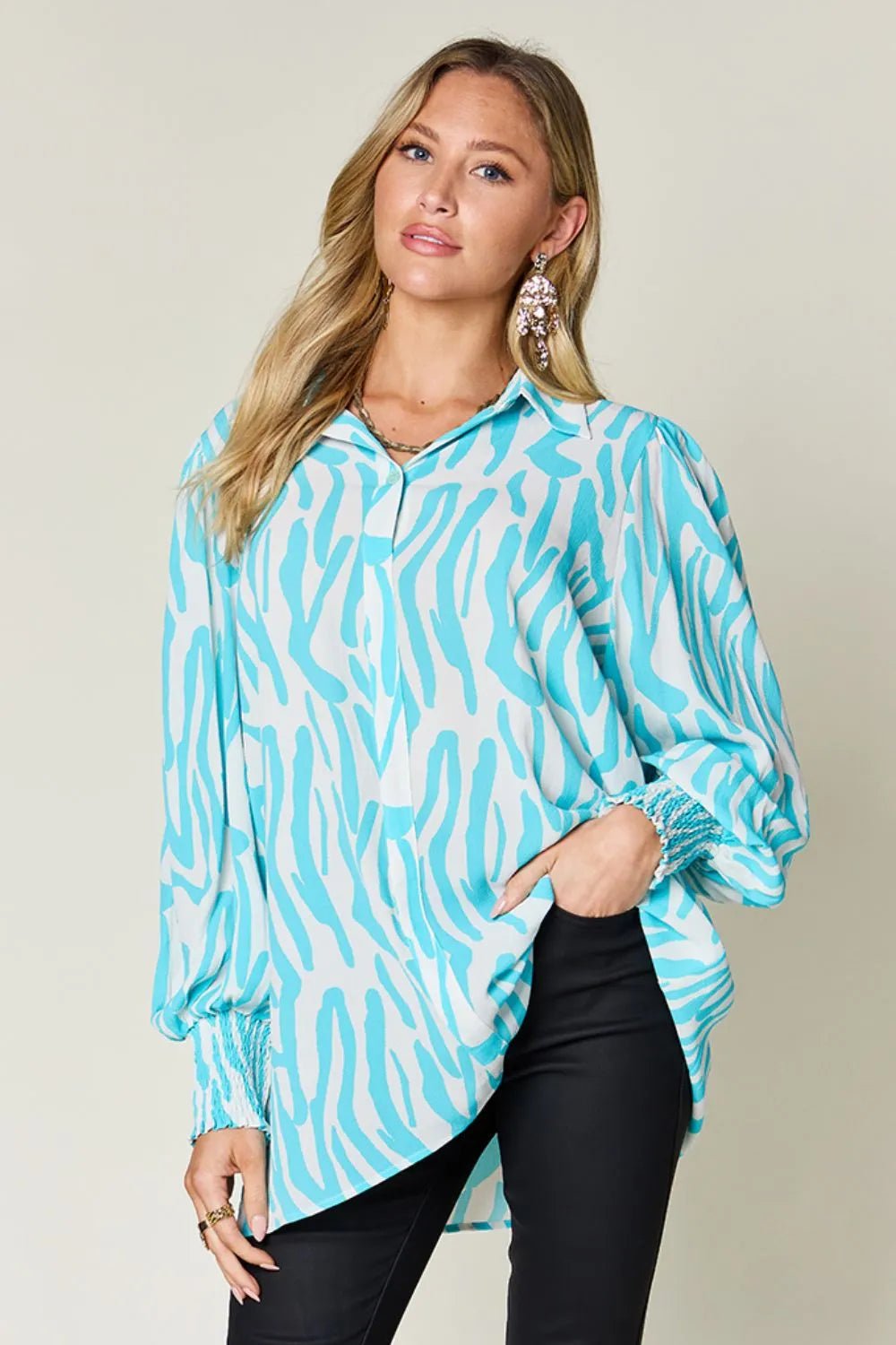 Double Take Full Size Printed Smocked Long Sleeve Blouse Plus Size - Desert Sunday