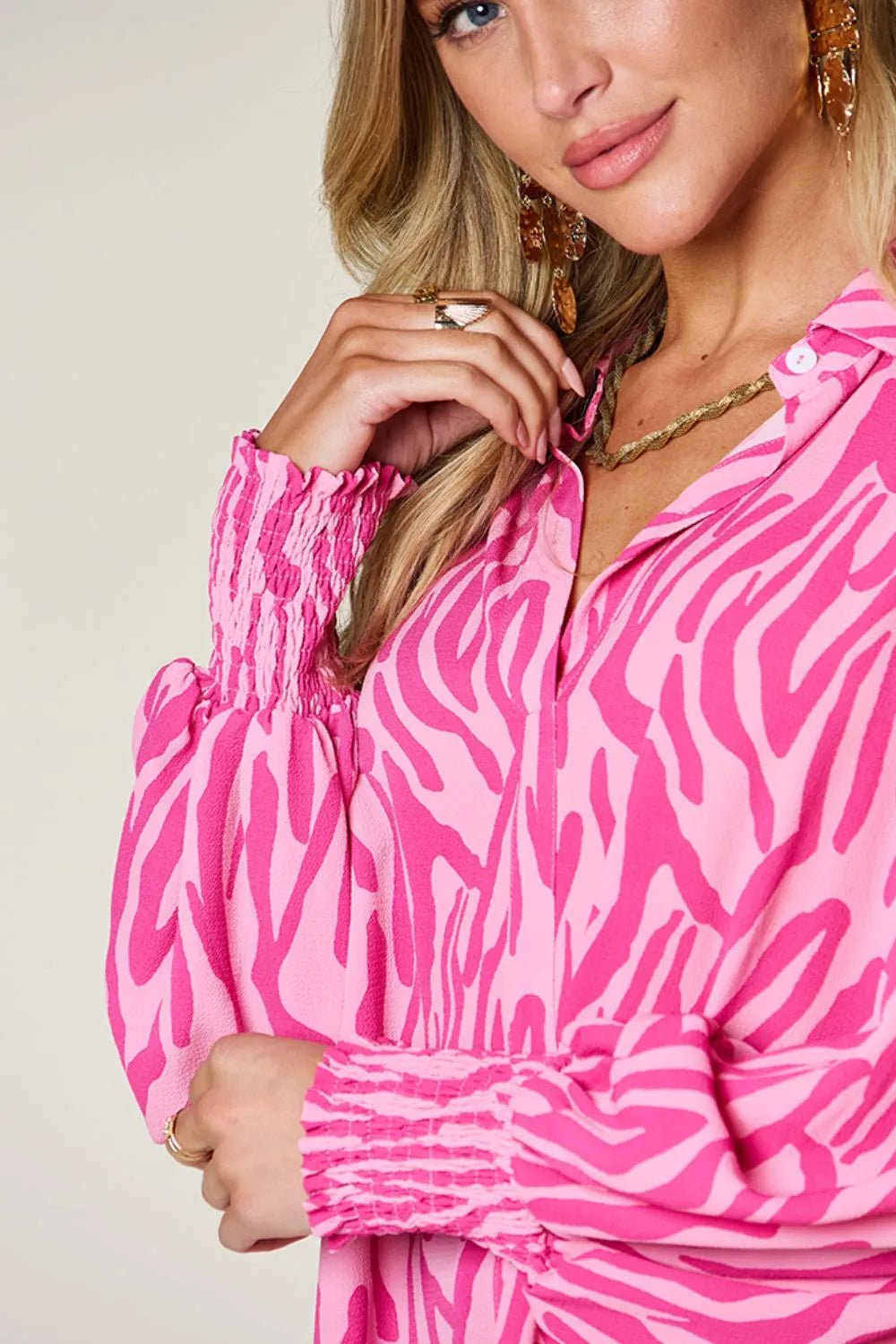 Double Take Full Size Printed Smocked Long Sleeve Blouse Plus Size - Desert Sunday