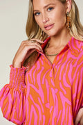 Double Take Full Size Printed Smocked Long Sleeve Blouse Plus Size - Desert Sunday
