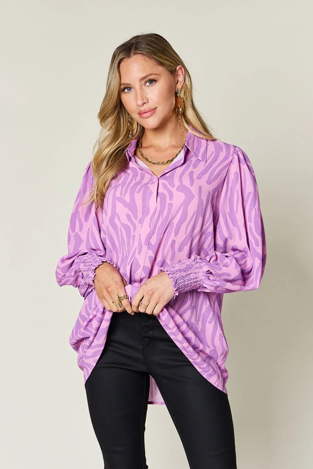 Double Take Full Size Printed Smocked Long Sleeve Blouse Plus Size - Desert Sunday