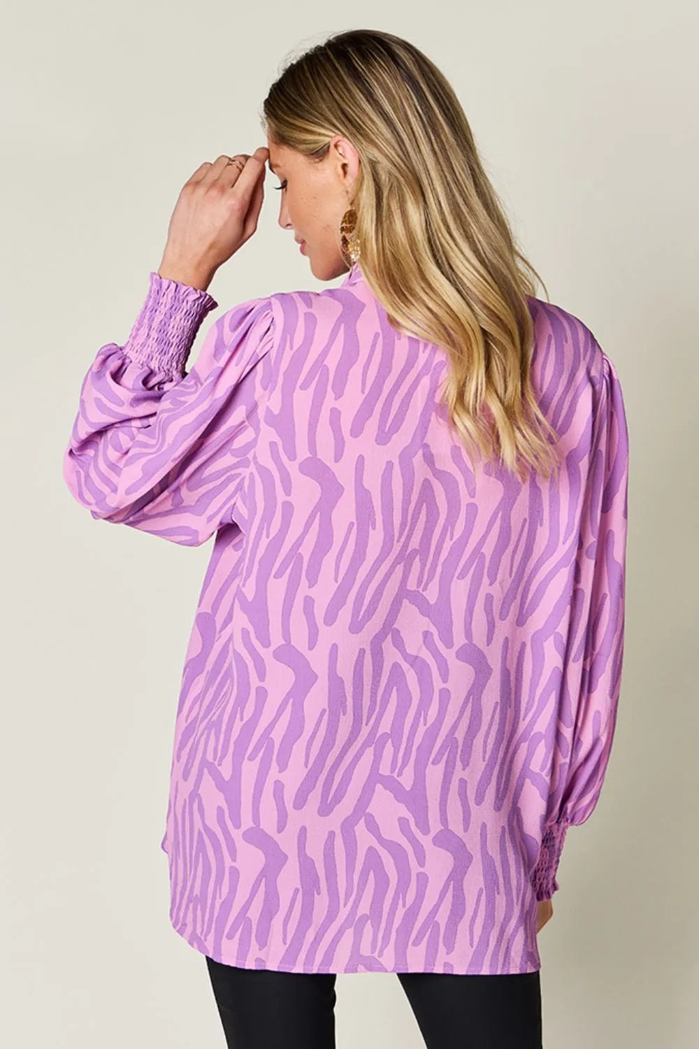 Double Take Full Size Printed Smocked Long Sleeve Blouse Plus Size - Desert Sunday