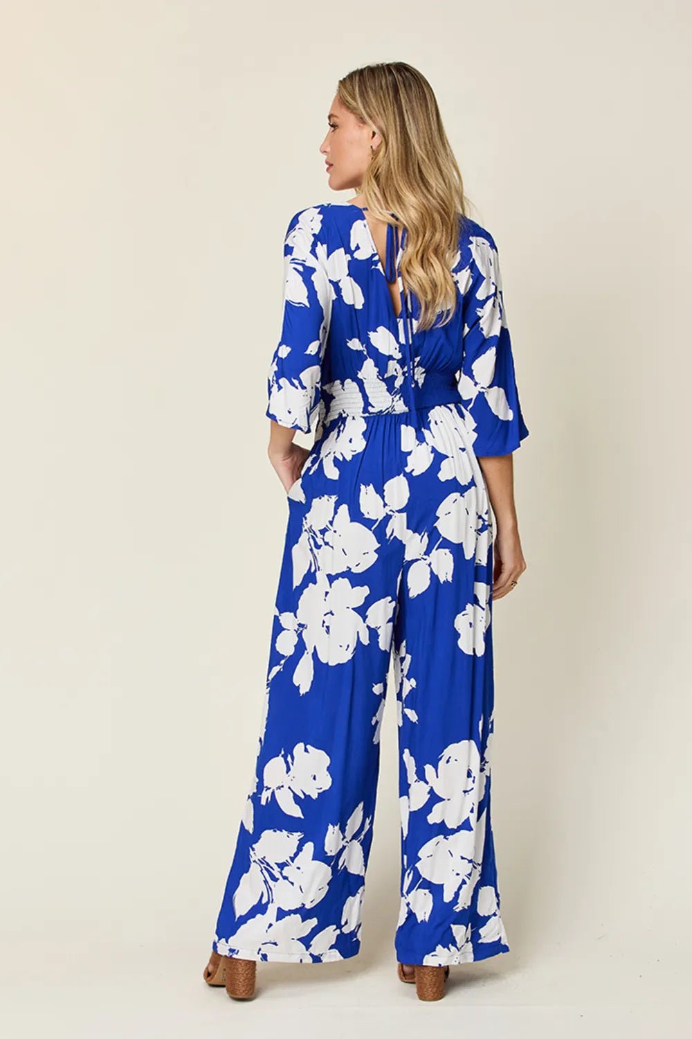 Double Take Full Size Printed Tie Back Wide Leg Jumpsuit - Desert Sunday