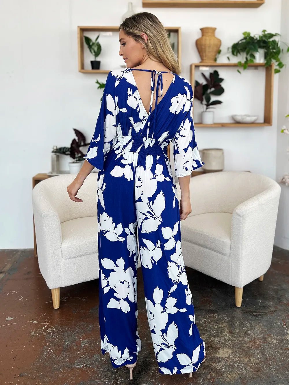 Double Take Full Size Printed Tie Back Wide Leg Jumpsuit - Desert Sunday