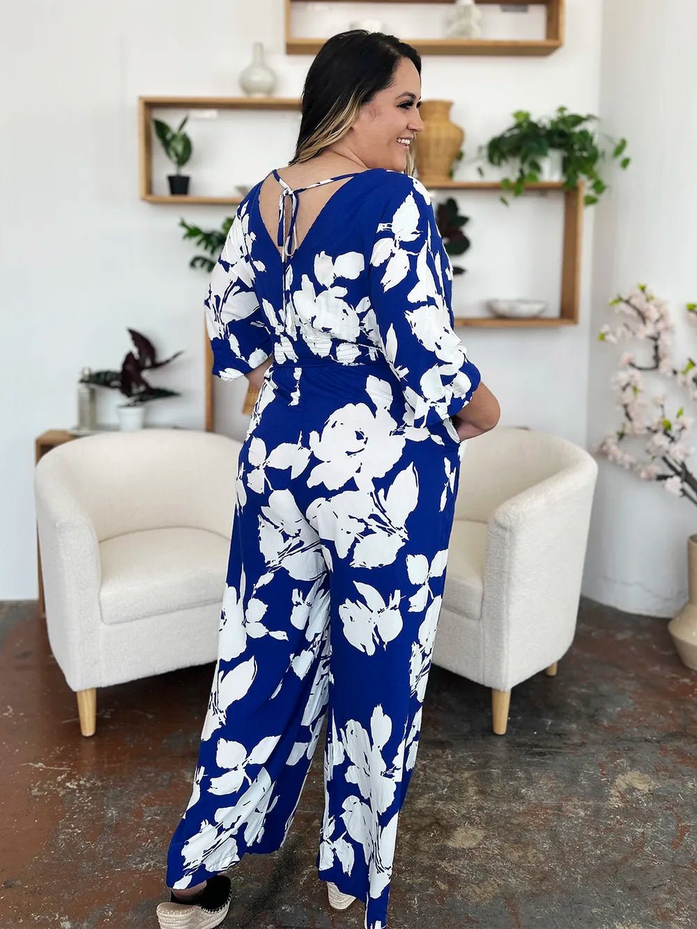 Double Take Full Size Printed Tie Back Wide Leg Jumpsuit - Desert Sunday