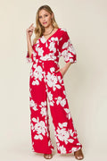 Double Take Full Size Printed Tie Back Wide Leg Jumpsuit - Desert Sunday