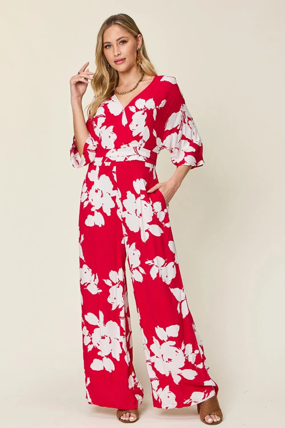 Double Take Full Size Printed Tie Back Wide Leg Jumpsuit - Desert Sunday