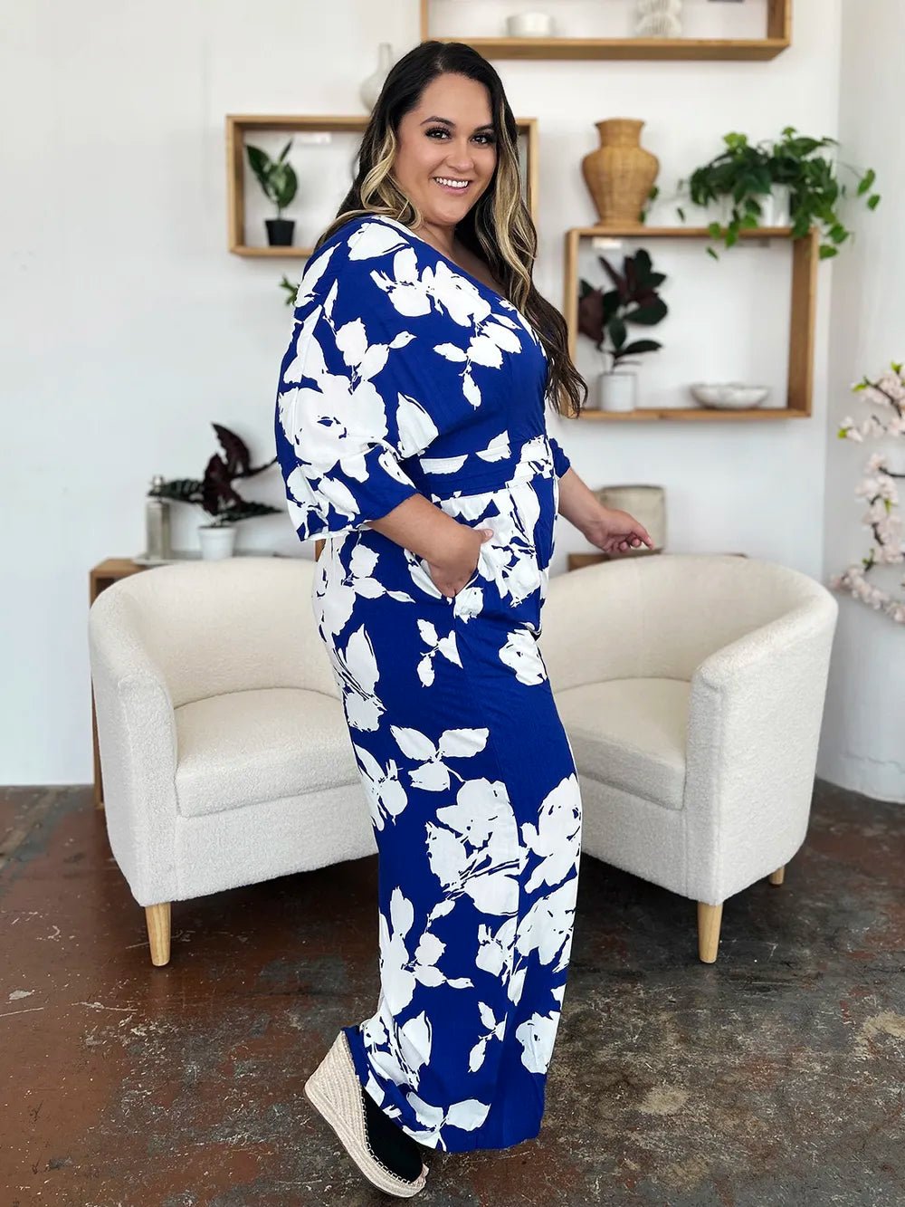 Double Take Full Size Printed Tie Back Wide Leg Jumpsuit - Desert Sunday