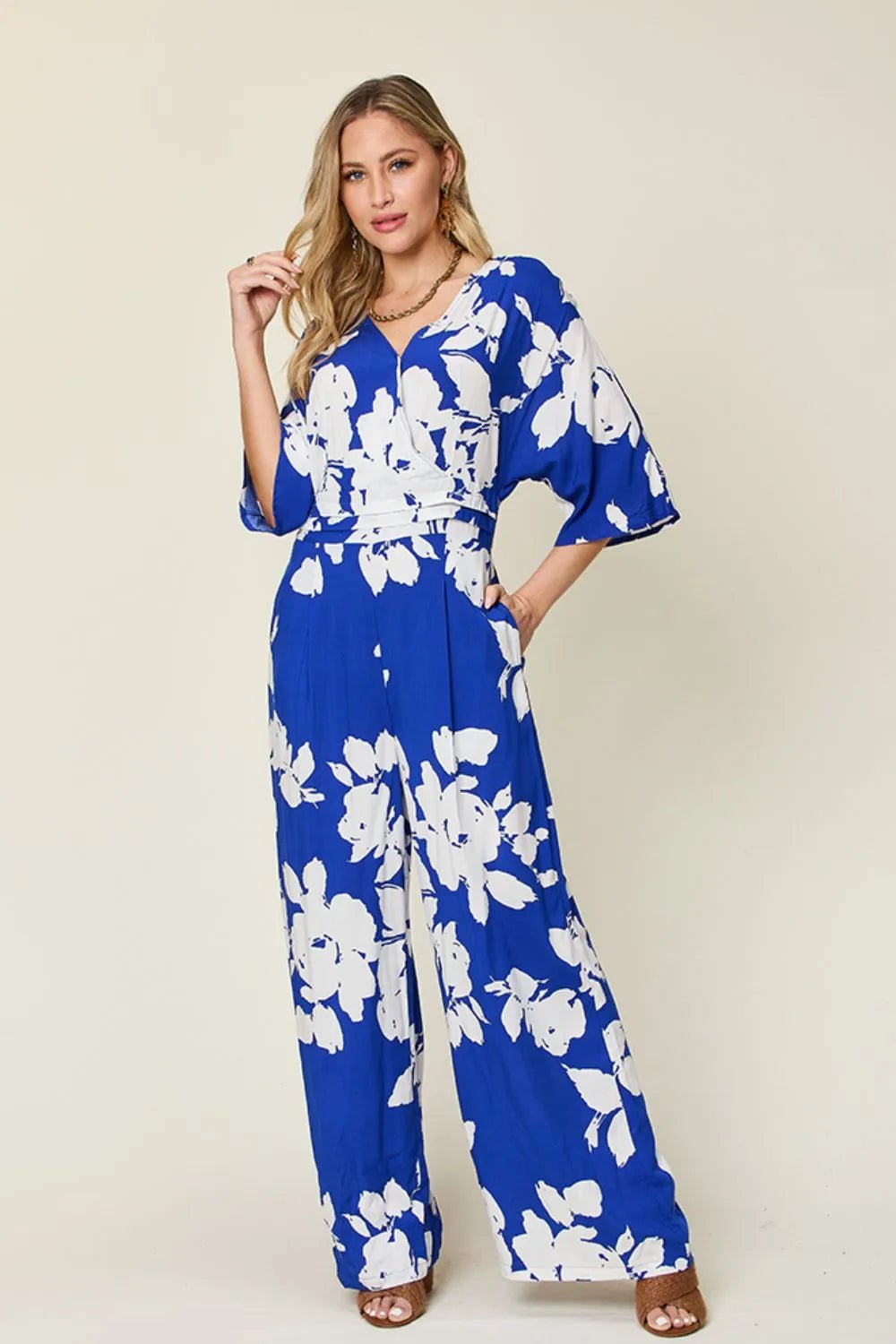 Double Take Full Size Printed Tie Back Wide Leg Jumpsuit - Desert Sunday