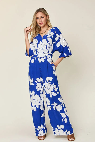 Double Take Full Size Printed Tie Back Wide Leg Jumpsuit - Desert Sunday