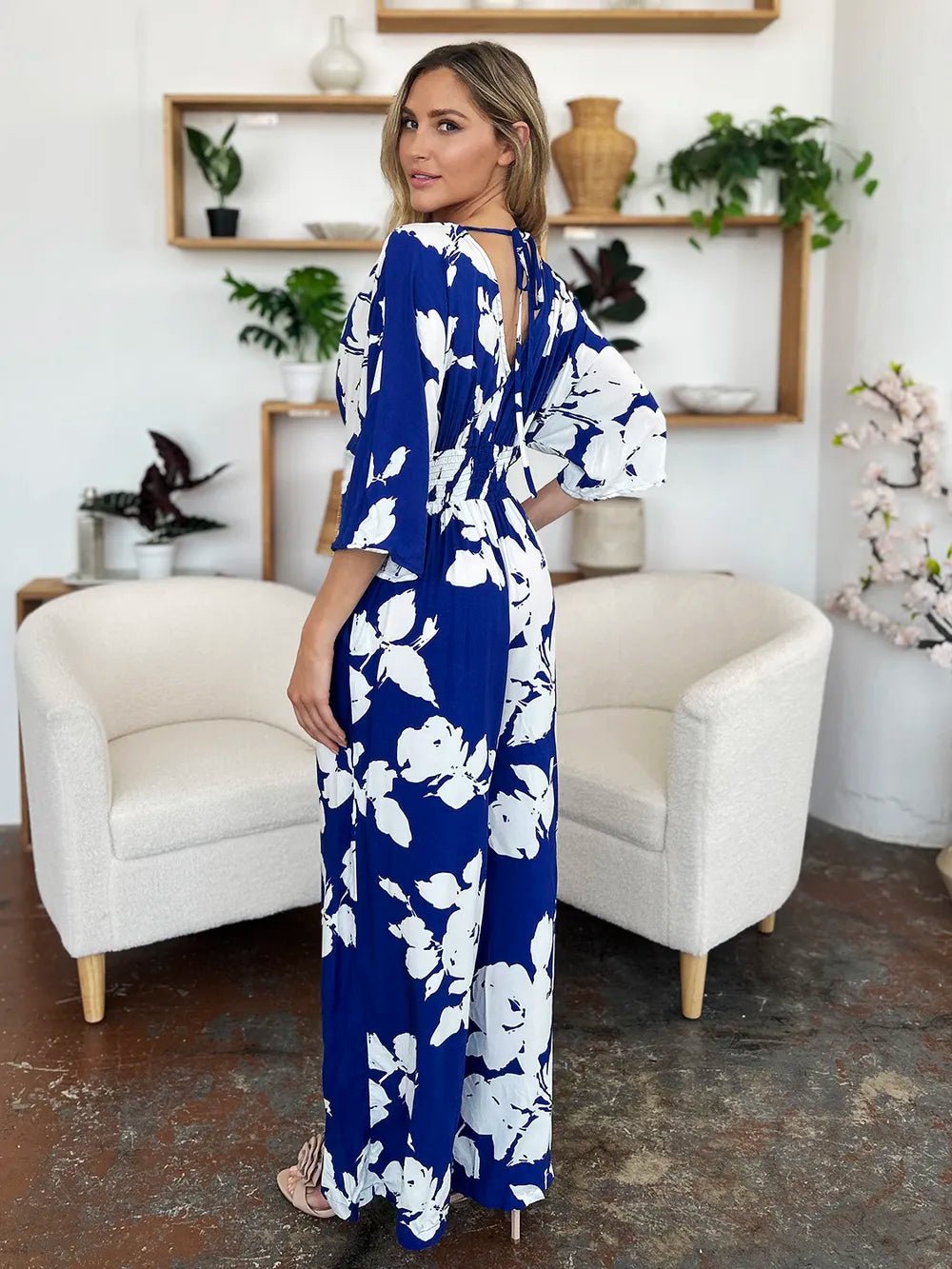 Double Take Full Size Printed Tie Back Wide Leg Jumpsuit - Desert Sunday