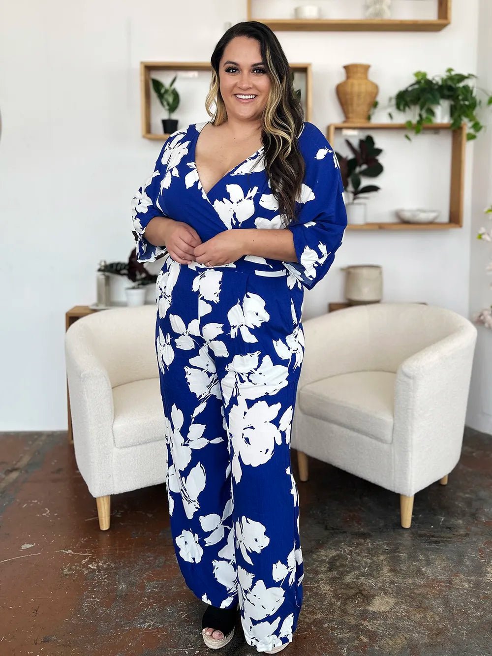 Double Take Full Size Printed Tie Back Wide Leg Jumpsuit - Desert Sunday