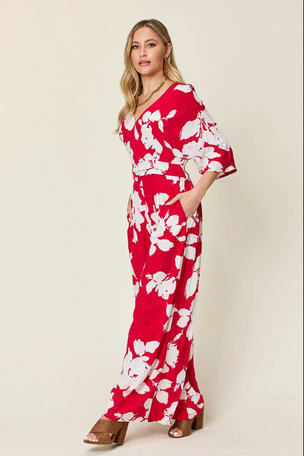 Double Take Full Size Printed Tie Back Wide Leg Jumpsuit - Desert Sunday