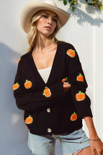 Double Take Full Size Pumpkin Button Up Long Sleeve Cardigan - Desert Sunday