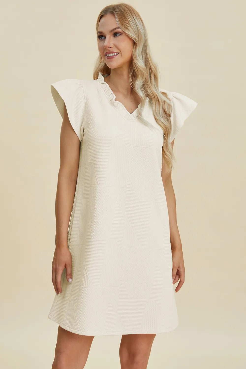 Double Take Full Size Ruffled V-Neck Cap Sleeve Dress - Desert Sunday