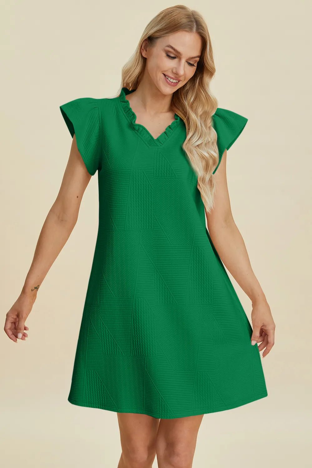 Double Take Full Size Ruffled V-Neck Cap Sleeve Dress - Desert Sunday