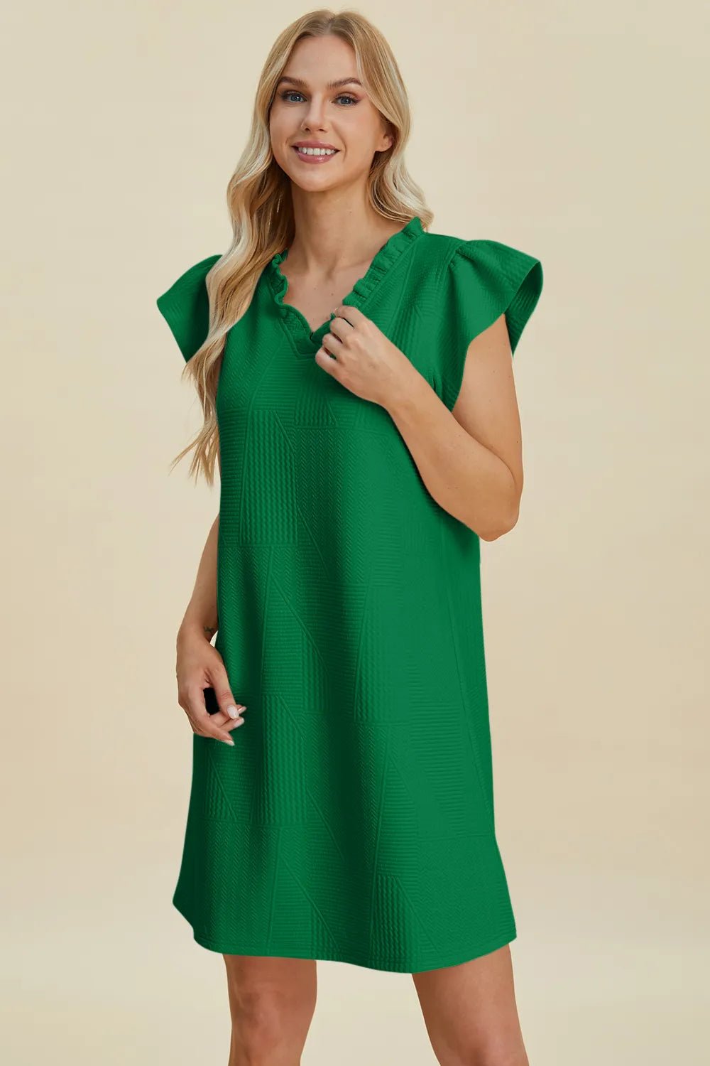Double Take Full Size Ruffled V-Neck Cap Sleeve Dress - Desert Sunday
