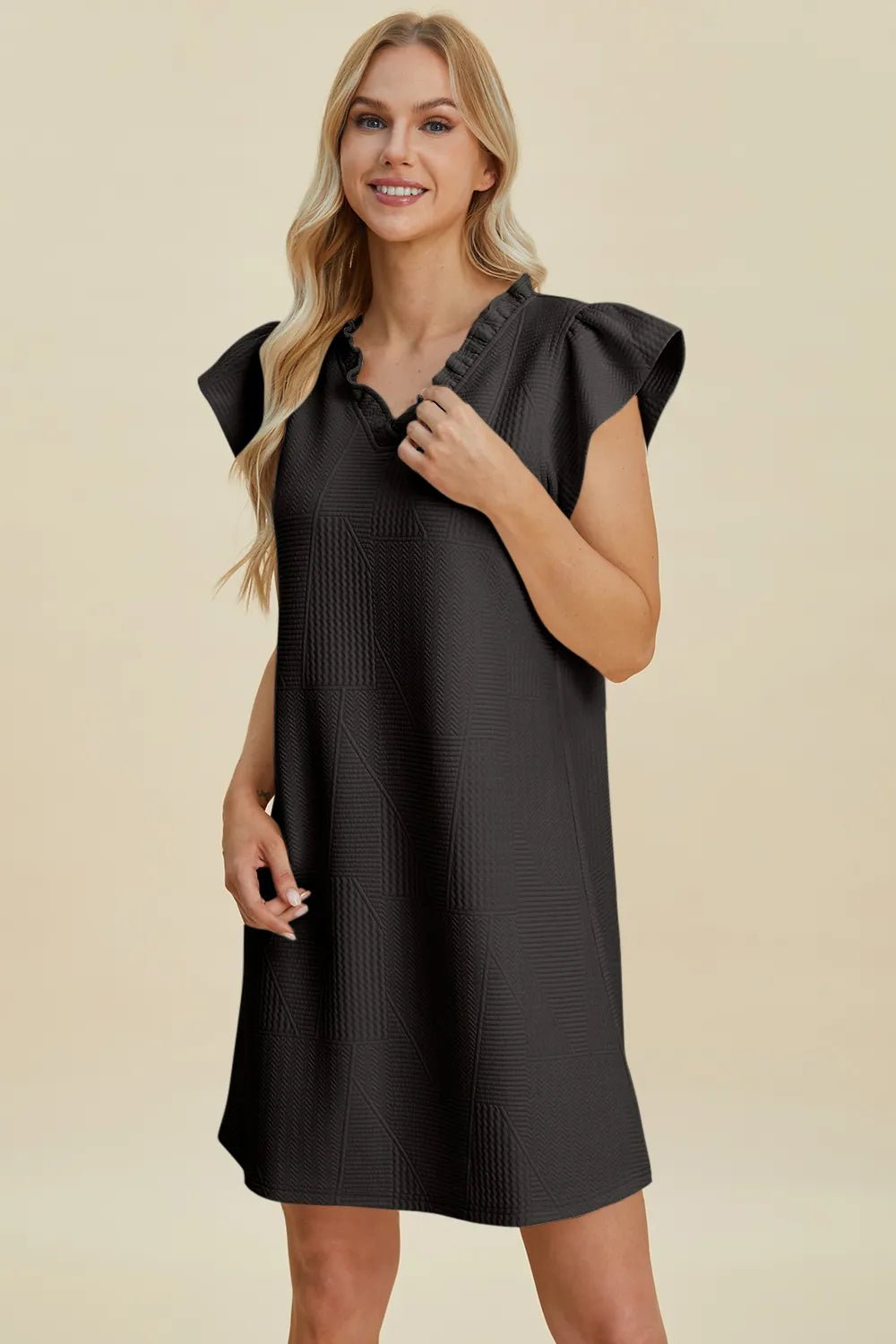 Double Take Full Size Ruffled V-Neck Cap Sleeve Dress - Desert Sunday