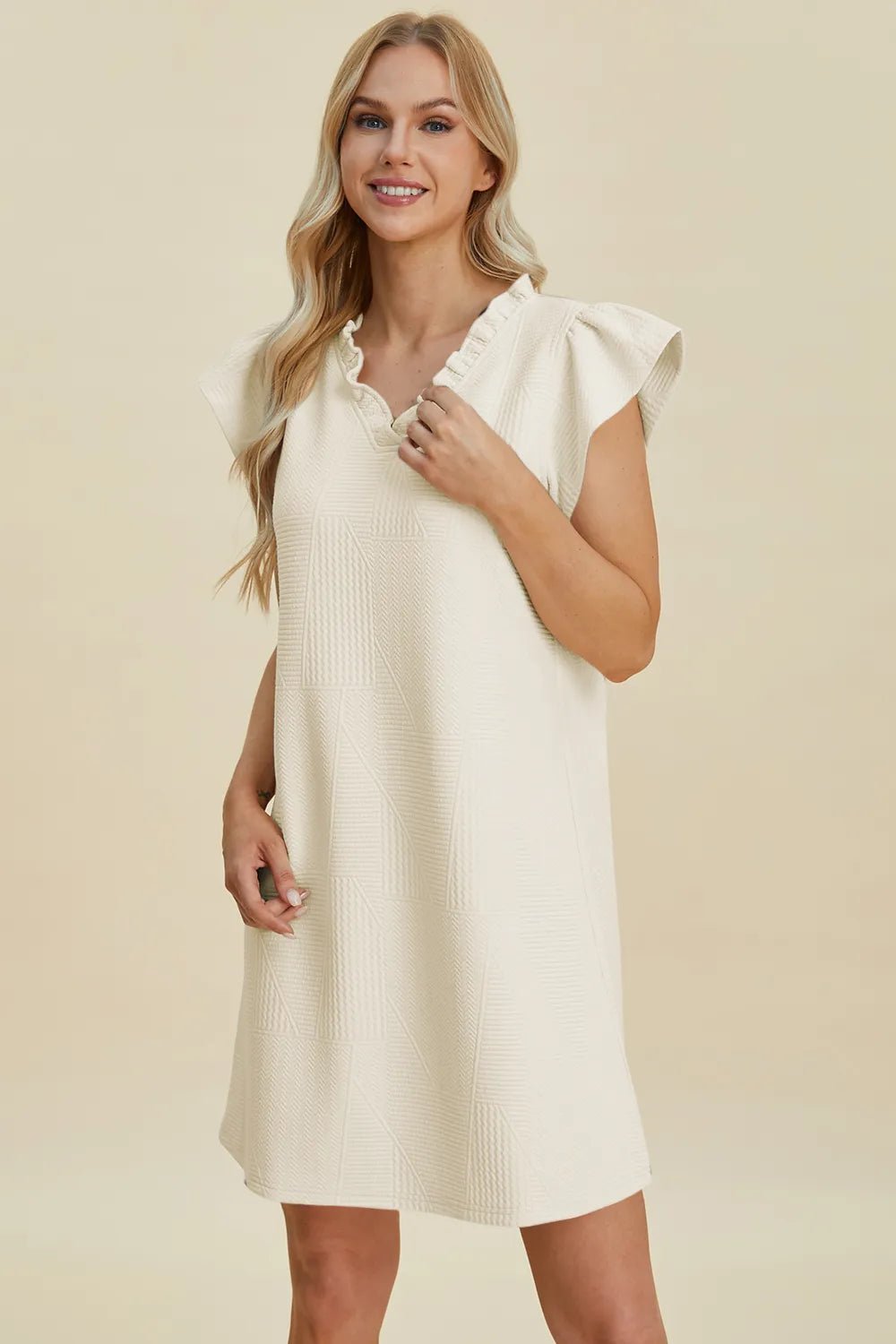 Double Take Full Size Ruffled V-Neck Cap Sleeve Dress - Desert Sunday