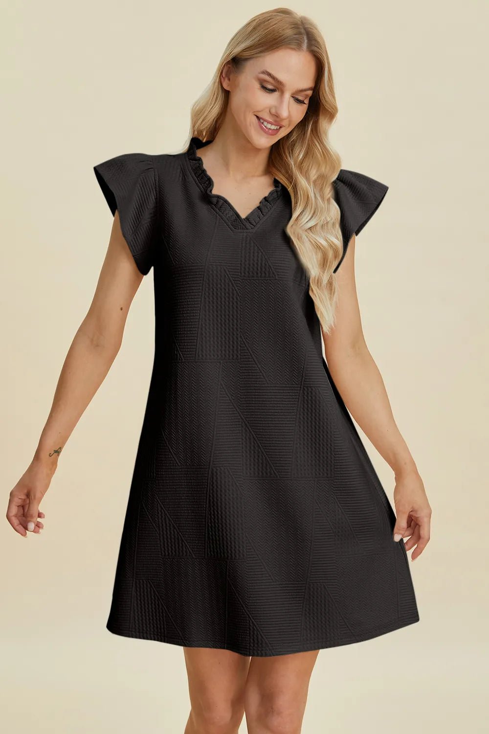 Double Take Full Size Ruffled V-Neck Cap Sleeve Dress - Desert Sunday