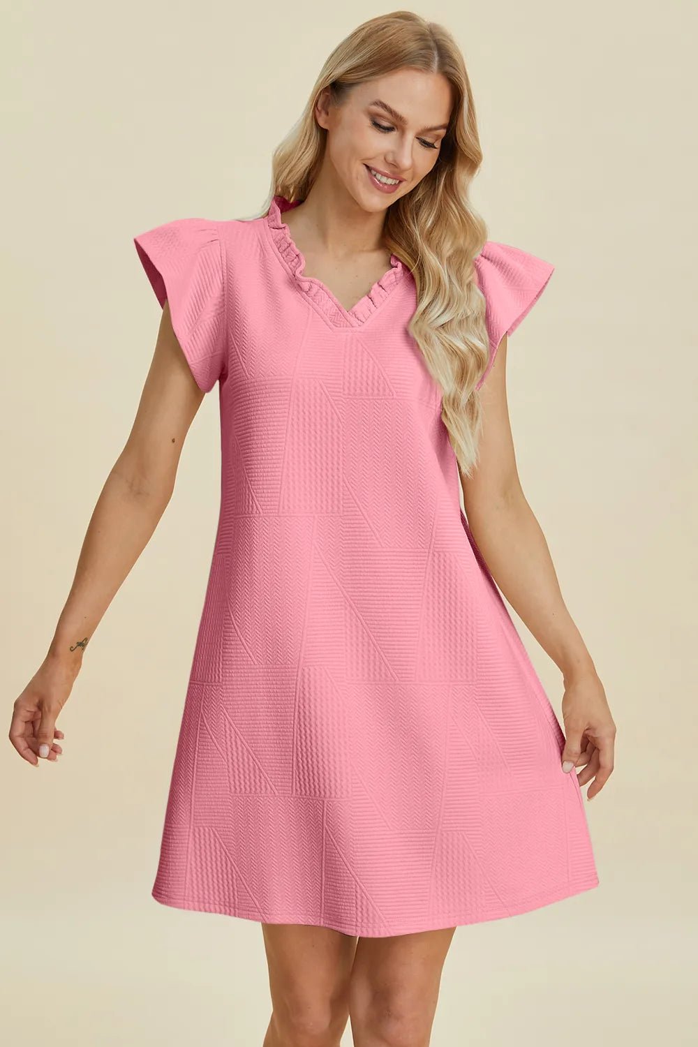 Double Take Full Size Ruffled V-Neck Cap Sleeve Dress - Desert Sunday