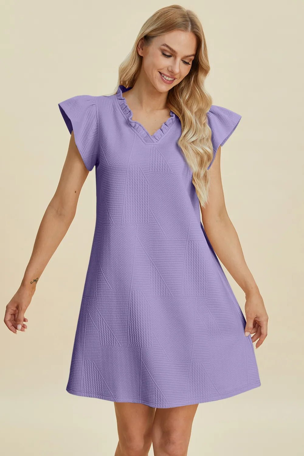 Double Take Full Size Ruffled V-Neck Cap Sleeve Dress - Desert Sunday