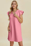 Double Take Full Size Ruffled V-Neck Cap Sleeve Dress - Desert Sunday