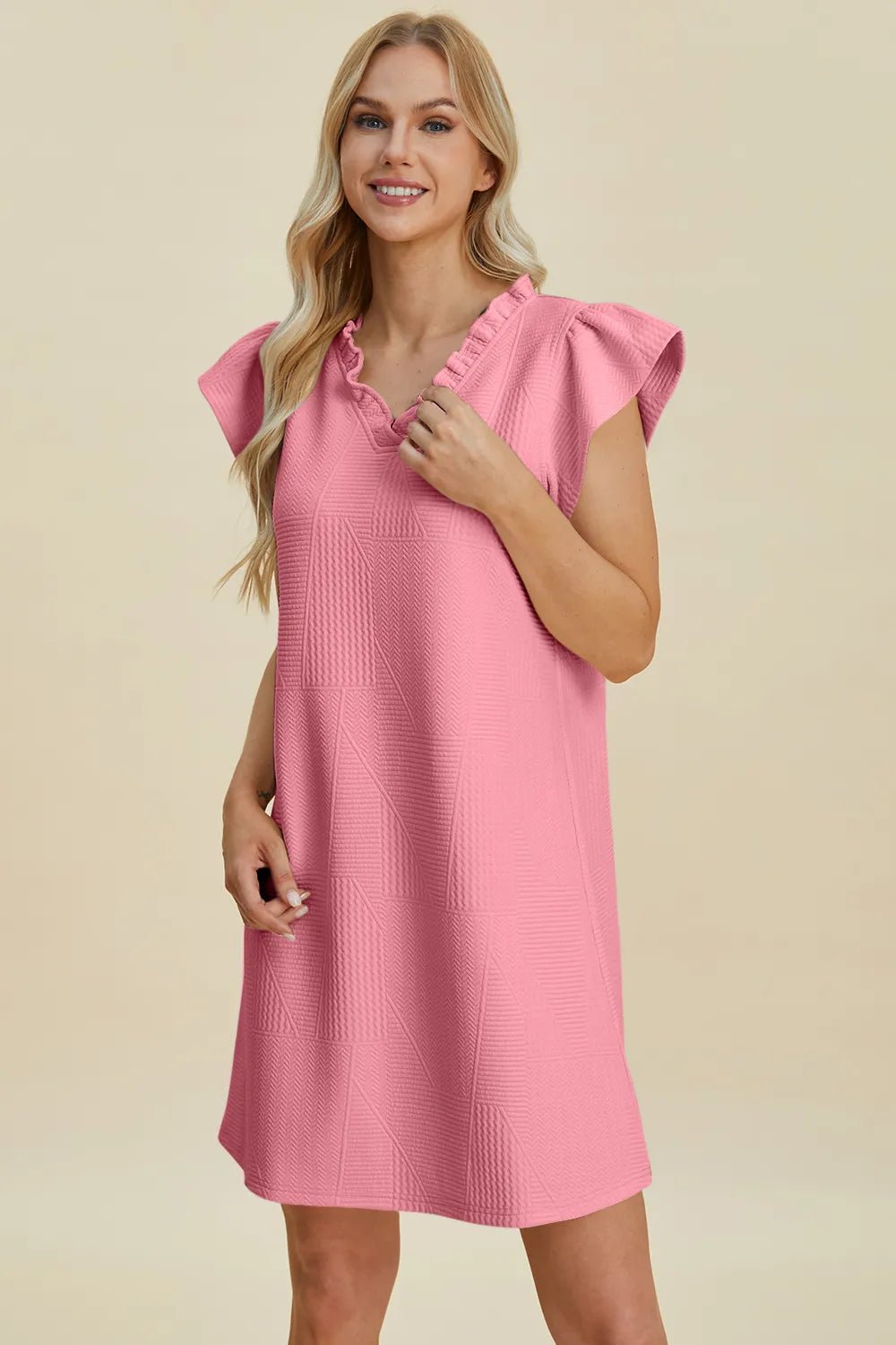 Double Take Full Size Ruffled V-Neck Cap Sleeve Dress - Desert Sunday