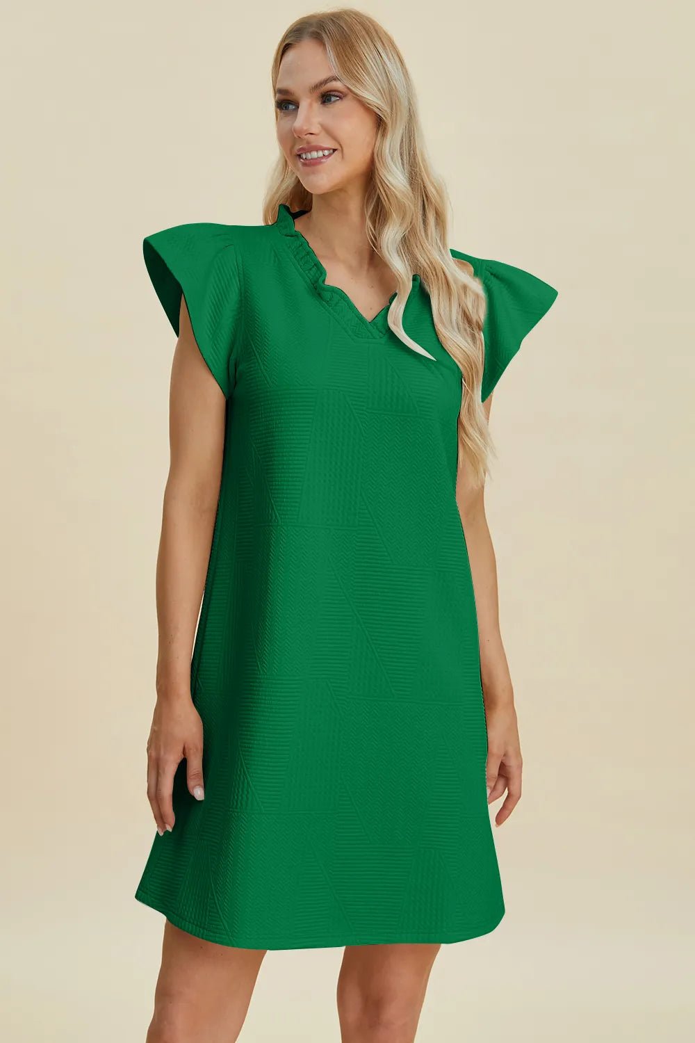 Double Take Full Size Ruffled V-Neck Cap Sleeve Dress - Desert Sunday